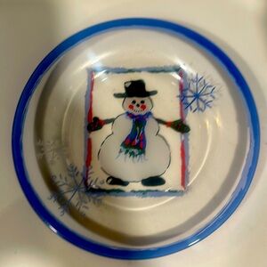 Set of 4 Glass Snowman plates, 7 3/4" diameter, reverse painted, Made in France